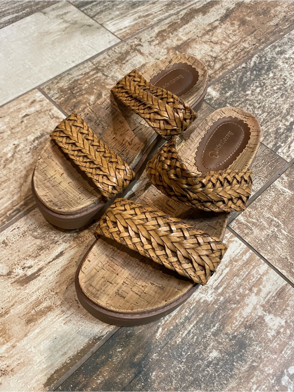 BareTraps women’s Woven Double-Strap Slide Sandals in Tan Brown